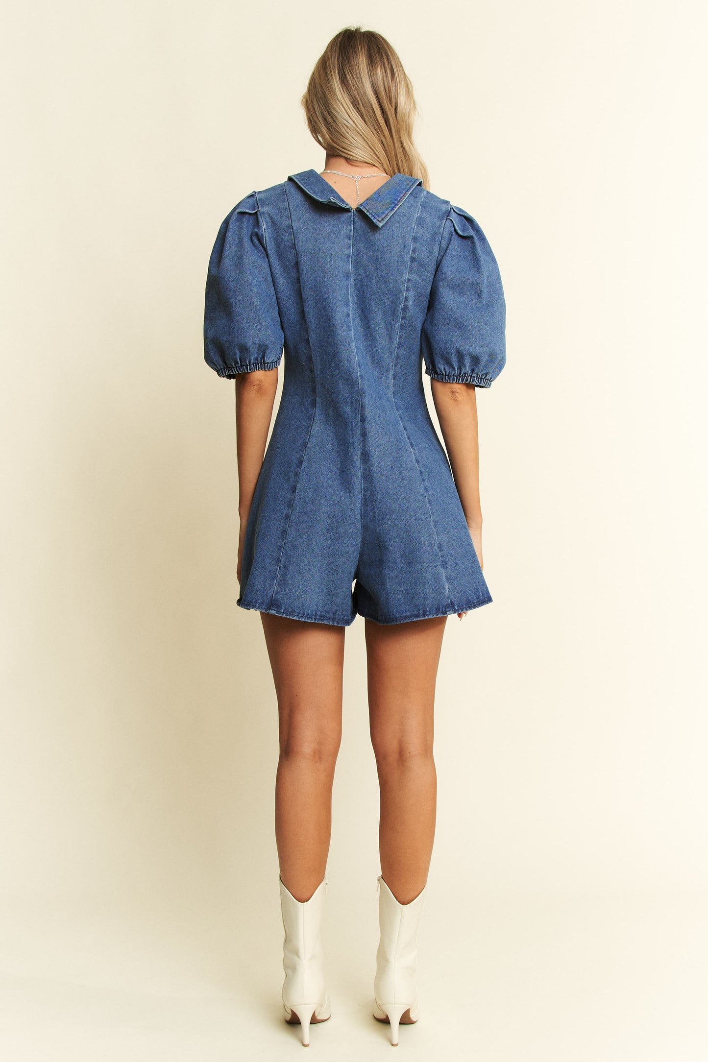 COLLARED PUFF SLEEVE DENIM ROMPER image 2