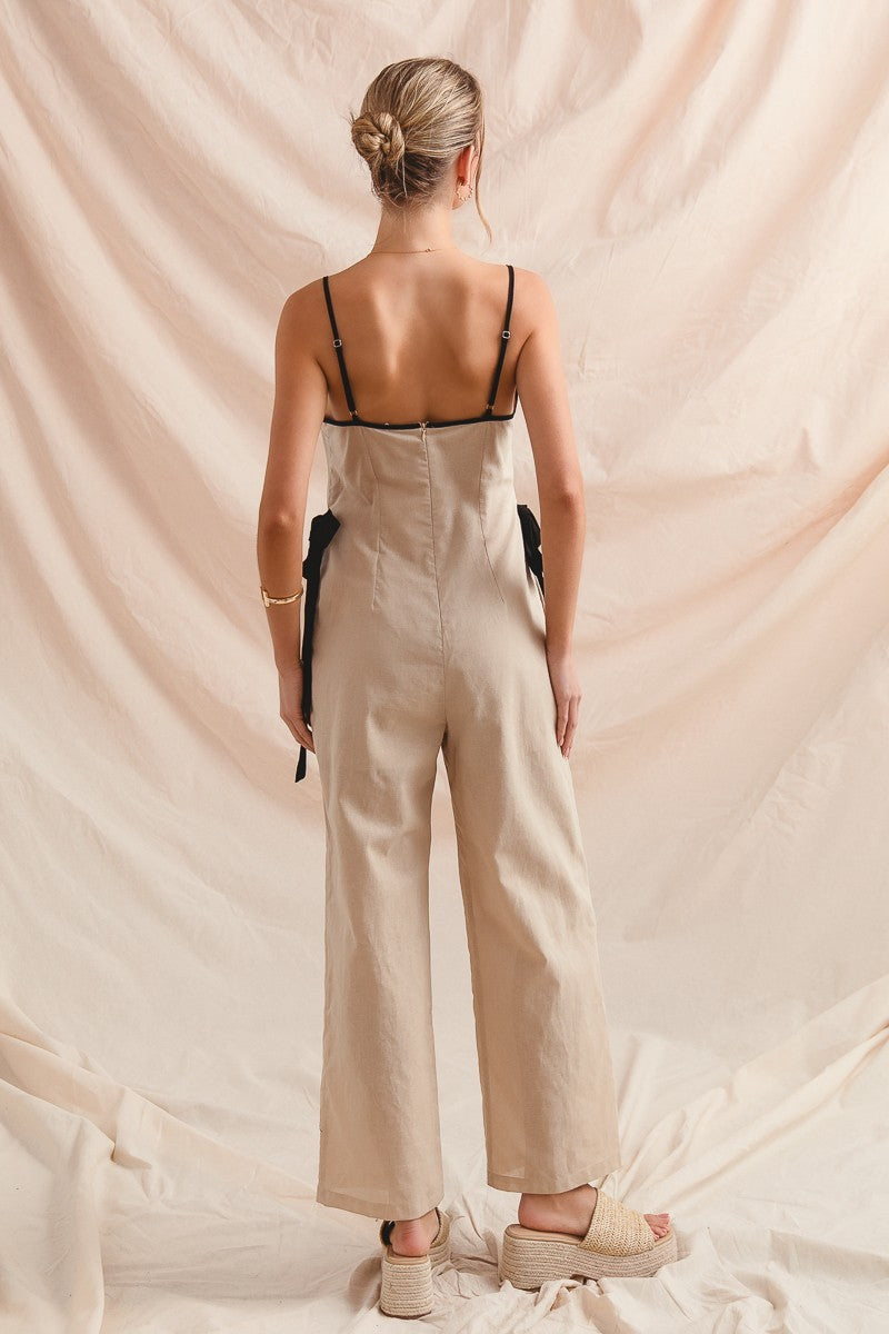 LINEN BLEND SUMMER JUMPSUIT OVERALLS WITH SIDE TIE image 1
