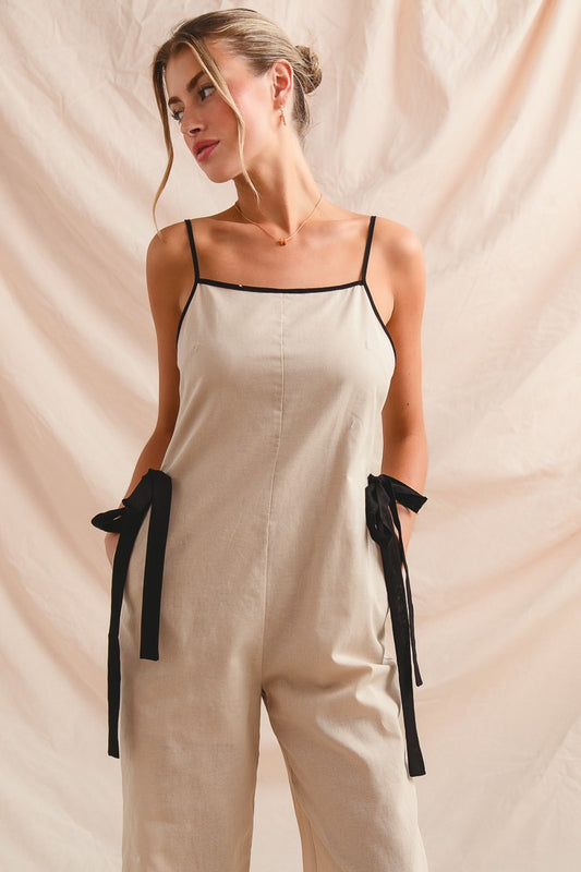 LINEN BLEND SUMMER JUMPSUIT OVERALLS WITH SIDE TIE image 0