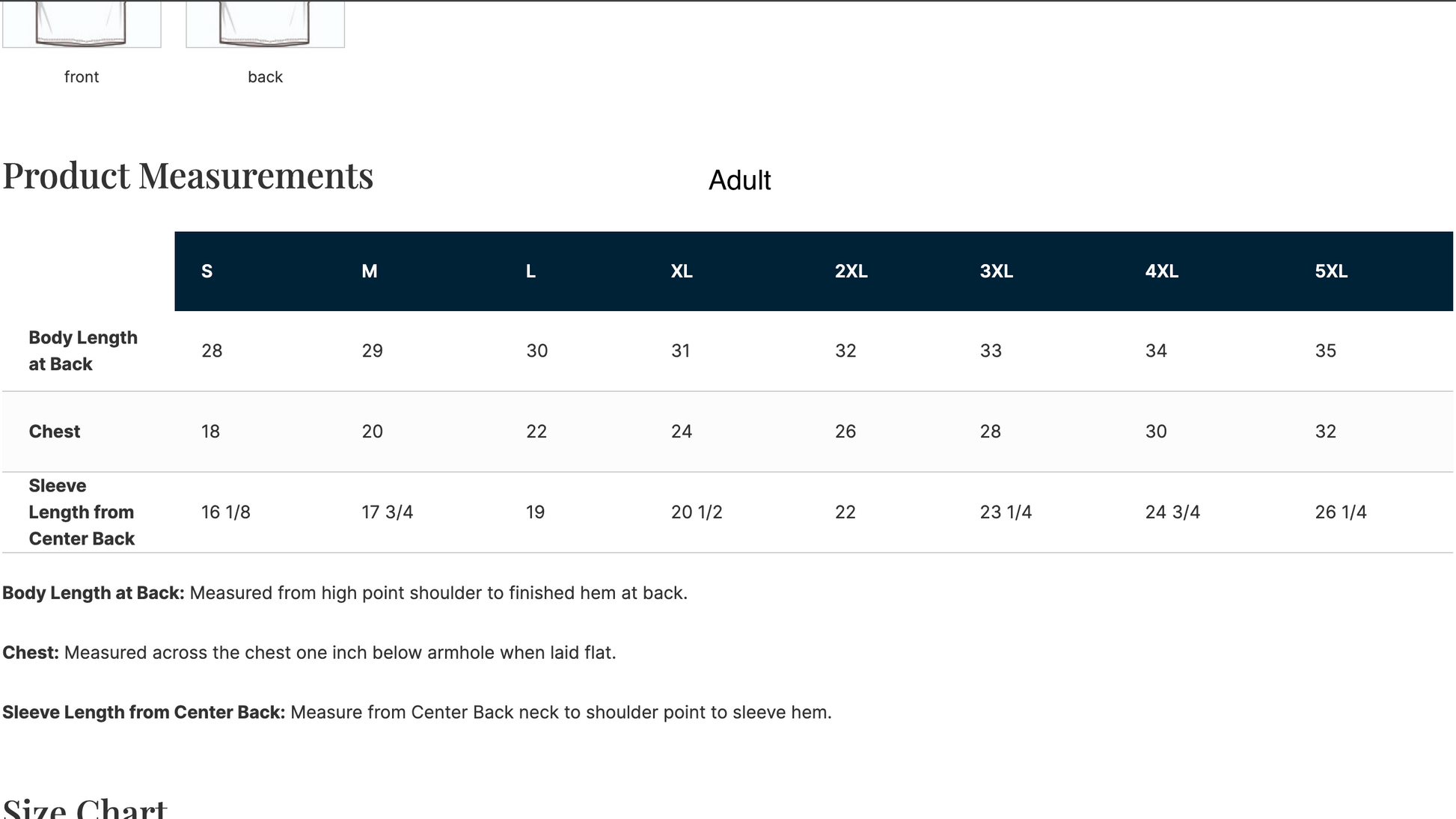 Size chart for adult clothing measurements on a white background