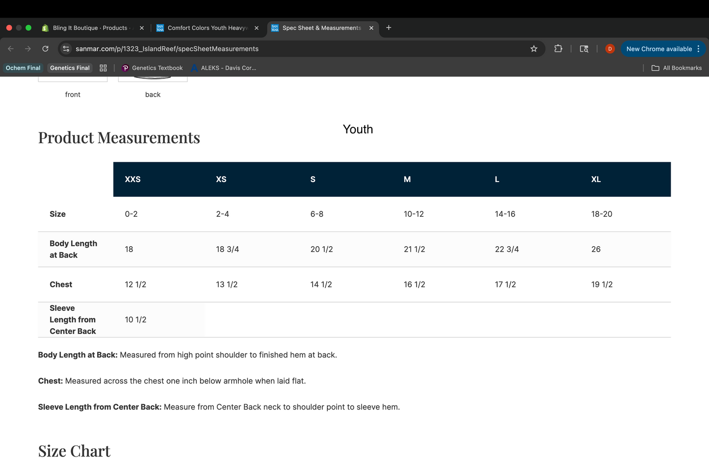 Product measurements chart for youth sizes on a website
