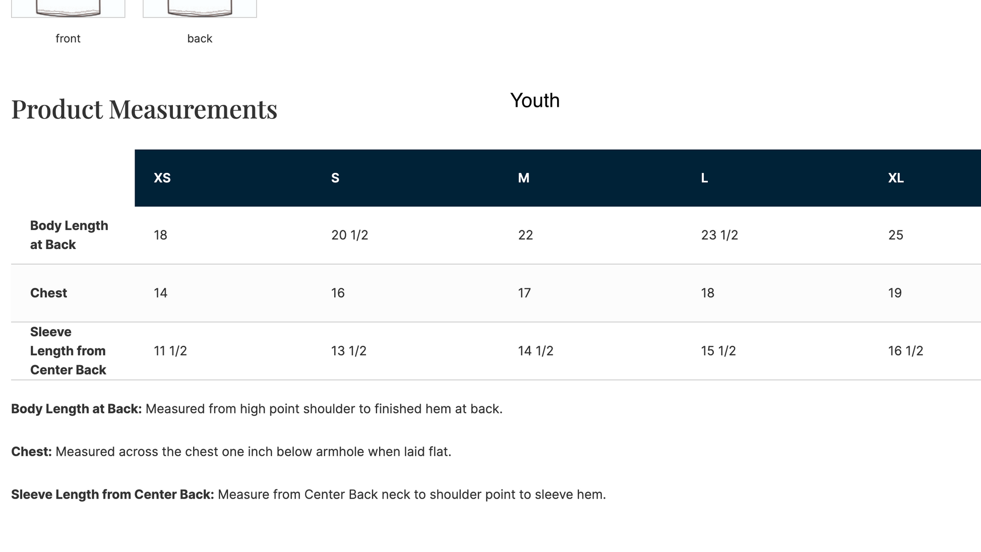 Product measurements chart for youth sizes on a computer screen