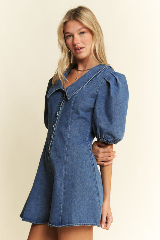 COLLARED PUFF SLEEVE DENIM ROMPER image 1