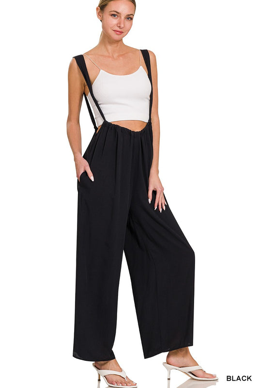 WOVEN TIE BACK SUSPENDER JUMPSUIT WITH POCKETS image 1