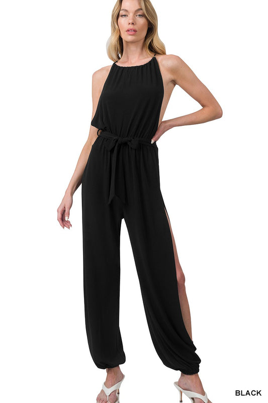 ITY HALTER NECK TIE WAIST SPLIT SIDE JUMPSUIT image 0
